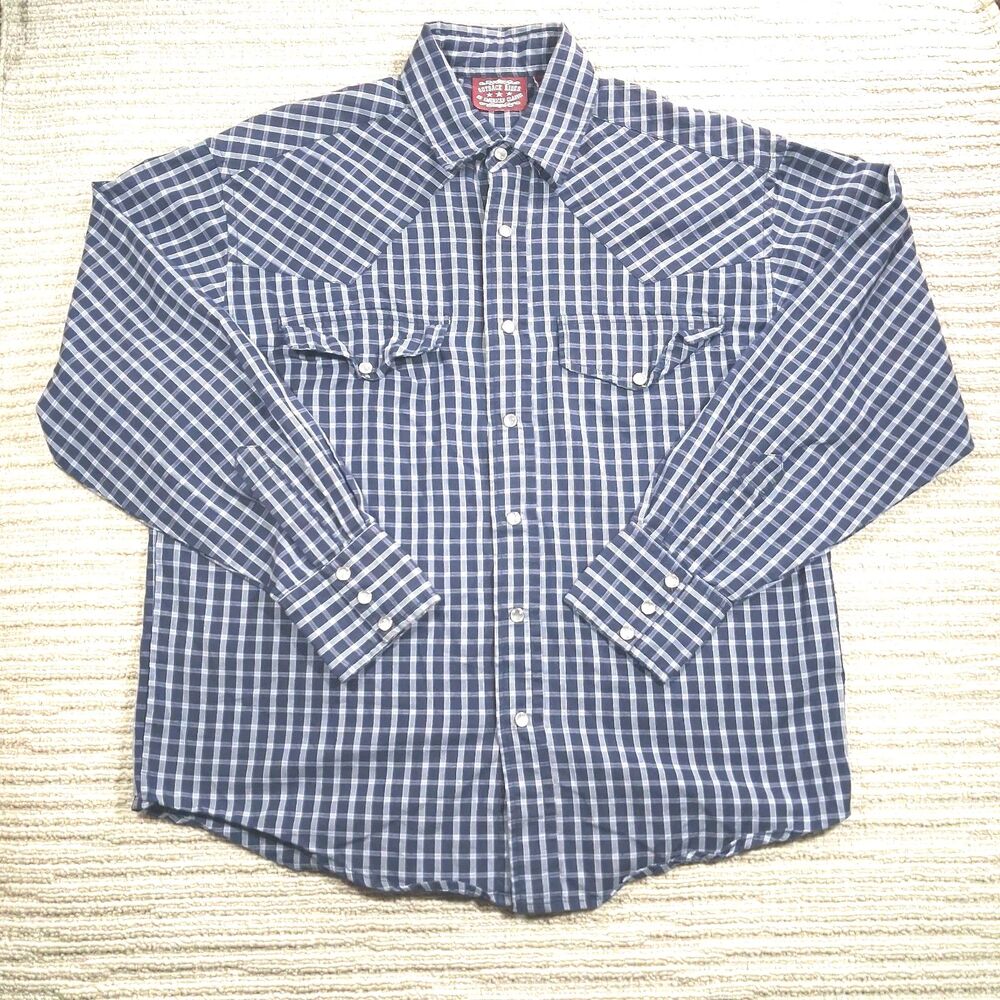 ​Outback Rider Pearl Snap Shirt Mens Medium Blue Plaid Long Sleeve Western Yoke